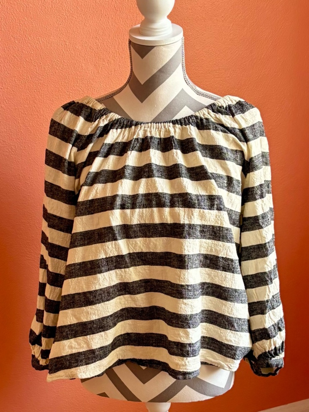 Who What Wear Cream and Black Striped Off-Shoulder Long Sleeve Top